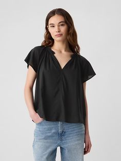 Splitneck Flutter Sleeve Top | Gap Factory Flutter Sleeve Top, Flutter Sleeves, Ruffle Trim, Flutter Sleeve, Business Casual, Gap, Sleeve Top, Split, Trim