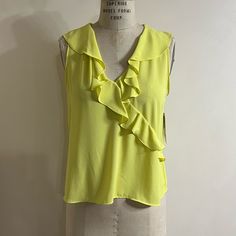 Zara Yellow Ruffle V Neck Tank Blouse Bust 40” Elegant Yellow V-neck Top, Elegant Yellow Summer Blouse, Yellow Sleeveless Top With Ruffles, Elegant Yellow Tops For Summer, Elegant Yellow Summer Tops, Zara Yellow Spring Blouse, Yellow Sleeveless Blouse For Work, Chic Yellow Zara Blouse, Yellow Sleeveless Blouse With Ruffles