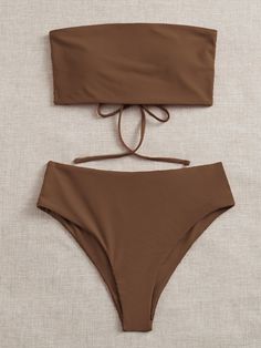 Khaki Swimsuit, Brown Bathing Suit, Brown Swimsuit, Two Piece Bathing Suit, Swimming Beach, Swimsuits Outfits, Bandeau Bra, Swimming Suit, Cute Bathing Suits