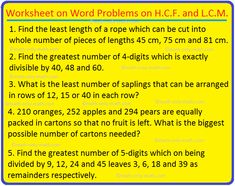 worksheet on word problems h c and l c m 1 find the least length of a rope which can be cut into