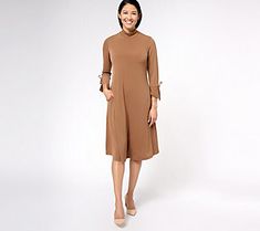 Want serious sophistication? This mock-neck midi dress has you covered -- plus a side of sass from flouncy sleeve cuffs and tie details. Make it your style staple for everything from brunches to boardrooms. From Susan Graver. Susan Graver, Dress With Tie, Tie Sleeve, Mock Neck, Dress Skirt, Fashion Dresses, Midi Dress, Pet, Knitting