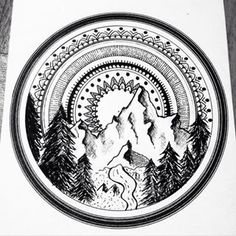 a black and white drawing of mountains with trees in the middle on a piece of paper