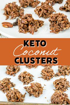 keto coconut clusters on a white plate with text overlay