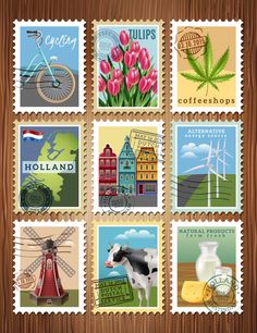 postage stamps with pictures of different countries and their symbols - miscellaneous objects / arts crafts