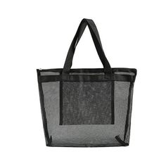 a black mesh tote bag on a white background