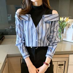 Fake Two Piece Off Shoulder Striped Blouse Shirt – Tomscloth Trendy Blue Collar Tops, Summer Long Sleeve Office Top, Clothing Korean, Off Shoulder Shirt, Stripe Outfits, Turtleneck Shirt, Button Blouse, Pretty Blouses, Satin Shirt