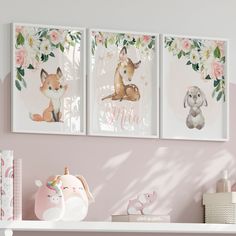 two framed pictures hang on the wall above a shelf with toys, books and other items