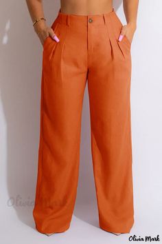 Olivia Mark - High-Waisted Straight Solid Color Bottoms in a Professional Light Green Casual Patchwork Design Casual Orange Bottoms, High Waist Orange Bottoms, Purple And Gold Dress, Hot Jumpsuits, Casual Bottoms, Solid Color Pants, Red Dress Short, Classy Casual, Linen Style