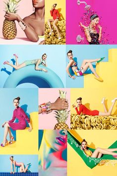 a collage of photos with women in different outfits and pineapples on them