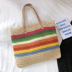 Woven Beach Bag, Woven Beach Bags, Tote Bag Summer, Colorful Tote Bags, Handbags Large, Bag Summer, Woven Tote Bag, Woman Weaving, Straw Tote