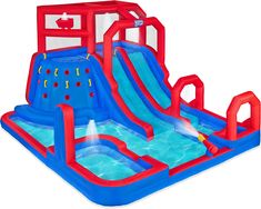 an inflatable water slide that is blue and red