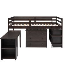 bunk bed with desk and drawers in dark brown finish on an isolated white back ground