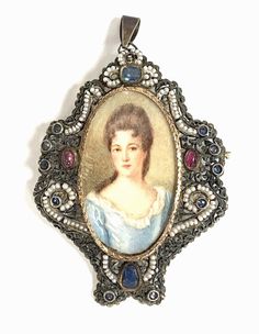 Antique 18k Gold Hand Painted Portrait Pendant Brooch Sapphire Ruby Pearls Antique Baroque Brooches With 17 Jewels, Ornate Pendant Brooch For Formal Occasions, Ornate Medallion Brooches For Collectors, Ornate Medallion Brooches For Collectibles, Antique Pendant Brooch With Cabochon, Victorian Pendant Brooches With Cabochon, Collectible Hallmarked Pendant Brooch, Collectible Hallmarked Pendant Brooches, Ornate Brooch Jewelry For Collectors