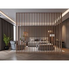 a room divider made out of wooden slats in the middle of a bedroom