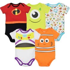 five baby bodysuits with cartoon characters on them, all in different colors and sizes