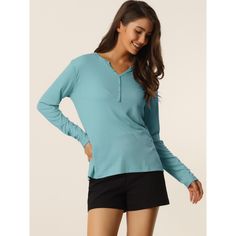 Great for everyday wear, shopping, loungewear, pajamas, pajamas, home bedroom. This women's casual top features a v-neck for a casual style and help you easily put on and off, keeping you looking good and comfortable all day long. Designed in solid color and stretch fabric, it is soft and comfortable, keeping you cozy all night, and helping you enjoy a comfortable sleep and sweet dreams. Whether it's a cozy bedtime, a casual lounging at home, a lazy afternoon, or a cozy bath, soft and lightweigh Casual Blue Long Sleeve Sleepwear, Blue V-neck Sleepwear For Home, Light Blue V-neck Sleepwear For Summer, Elegant Blue V-neck Sleepwear, Blue V-neck Sleepwear For Relaxation, Cozy Bath, Lazy Afternoon, Women's Pajamas, Casual Tops For Women