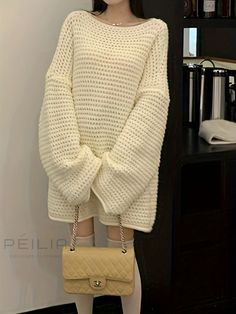 Peilia - Premium Quality Womens Solid Loose Knitted Pullover Sweater with Long Sleeves - Perfect for Cozy and Fashionable Fall and Winter Wardrobe Cream Knitted Acrylic Sweater, Oversized Knitted Sweater In Winter White, Oversized Knitted Winter White Sweater, Cozy Cream Long Sleeve Knitting Pattern, White Knitted Acrylic Sweater, Cozy White Knit Sweater Dress, Oversized White Acrylic Sweater, Cozy White Long Sleeve Knitting Pattern, White Long Sleeve Knitting Pattern