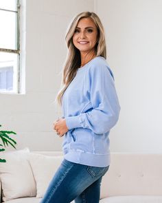 Girlfriend Crewneck Sweatshirt - Spring Blue Spring blue Crewneck Side pockets Ribbed details Good stretch Body: 100% Cotton Ribbing: 95% Cotton 5% Spandex Imported General Sizing: Small (0-4), Medium (6-8), Large (10-12), XLarge (14-16)True to sizeModel is wearing a size Small Measurements: Small: Bust: 22" // Length: 26" Medium: Bust: 22.5" // Length: 26.5" Large: Bust: 23" // Length: 27" XLarge: Bust: 23.5" // Length: 27.5" Bust measurements are taken across the chest laying flat.Length measu Twenty Two, Blue Crewneck, Blue Spring, New Girlfriend, Blue Springs, Good Stretches, Large Bust, Small Bust, Go Shopping