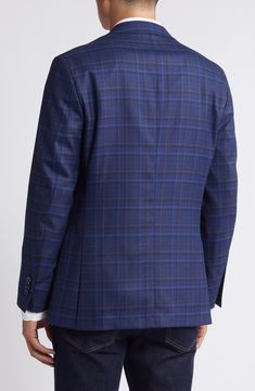 A subtle plaid emerges from the tonal blues of a sport coat tailored from textured wool and styled to elevate any casual or semiformal look. 30" length (size 40) Notched lapels Nonfunctional four-button cuffs Chest welt pocket; front flap pockets Side vents Partially lined 100% wool Dry clean Made in Portugal Fitted Plaid Sport Coat With Concealed Placket, Fitted Plaid Tweed Jacket With Concealed Placket, Tailored Plaid Blazer For Business, Tailored Plaid Sport Coat For Business Casual, Fitted Plaid Sport Coat With Notch Lapel, Plaid Wool Suit With Concealed Placket, Tailored Plaid Suit With Concealed Placket, Plaid Wool Suits With Concealed Placket, Plaid Business Casual Suits With Lapel Collar