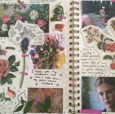 an open notebook with pictures and flowers on it