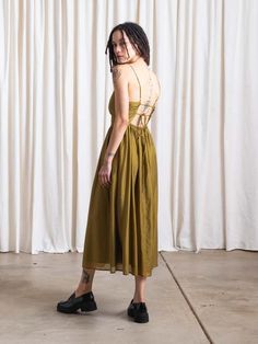 Ali Golden Tie Back Midi Dress - Bright Olive Shimmery Fabric, Overalls And Sweater, Full Midi Skirt, Golden Dress, Flower Blouse, Camel Sweaters, Denim Hat, How To Make Clothes, Mid Dresses