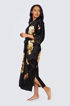 A luxurious long kimono robe that can be as adventurous as you are. Removable waist tie closure Belt loops and inside ties to secure closure French seam finish Side slits at hem 100% Washable Silk. Gentle machine wash, place kimono robe inside a delicates laundry bag for machine washing. Designed in San Francisco, Imported KM05L Whether you're staying in or going out, our washable long silk kimono robe is both functional and elegant. Each lightweight peony and butterfly kimono robe drapes you in Daywear Kimono With Tie Waist And Kimono Sleeves, Long Tie Waist Kimono For Daywear, Butterfly Kimono, Long Silk Kimono, Silk Peonies, Silk Kimono Robe, Emerald Color, Long Kimono, French Seam