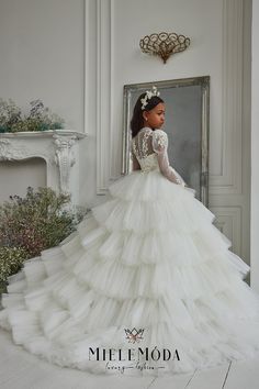 Anita Luxury Flower Girl Communion Dress - Miele Moda Luxury Fashion Bridesmaids Gowns With Sleeves, Cascade Skirt, Girls Communion Dresses, First Communion Dress, First Communion Dresses, Custom Gown, Ball Gown Skirt, Communion Dresses, Sophisticated Dress