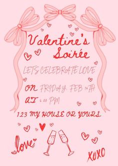 valentine's day party flyer with hearts and bows on it, including wine glasses