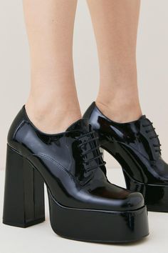 Patent Leather Platform Lace Up Shoe Boot Style Platform Loafers, Heals Shoes, Mini Frock, Shoe Boot, Spot Lights, Black Heel, Platform Loafers, Long Skirts, Black Platform