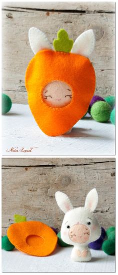 two pictures of stuffed animals made out of felt pumpkins and carrots, one in the shape of a rabbit