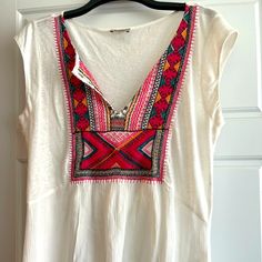 Lucky Brand Medium Sleeveless Top. Colorful Embroidered Bib Area, No Pulls Or Stains. Tried On But Never Worn Lucky Brand, Sleeveless Top, Color White, Top Blouse, Blouses, Womens Tops, Women Shopping, White, Color