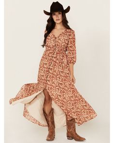 Model is 5'8" wearing a size extra small Self: 100% polyester ; Lining: 100% rayon Dan Post Boots Woman, Ariat Boots Womens, Women's Circle, Chiffon Floral, Floral Print Maxi Dress, Floral Print Maxi, Hiking Women, Floral Chiffon, Romper With Skirt