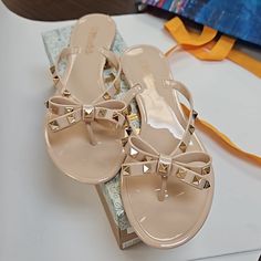 Brand New Mudd Sandals With Gold Spikes. These Were Just Too Flat For Me. They Come From A Smoke And Pet Free Home Beige Flat Synthetic Jelly Sandals, Flat Beige Synthetic Jelly Sandals, Beige Flat Jelly Sandals For Summer, Beige Synthetic Jelly Sandals, Trendy Beige Jelly Sandals For Summer, Beige Jelly Sandals For Beach, Pearl Slippers, Mudd Shoes, Studded Clogs