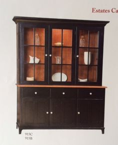 a black china cabinet with glass doors