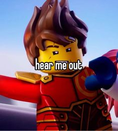 a lego character with the words hear me out in front of him, and an image of