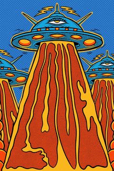 an image of aliens flying over a volcano