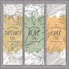 three vertical banners with flowers and leaves on them, one is for corn oil the other has