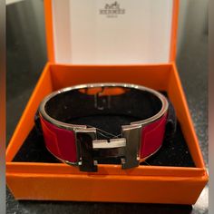 Hermes Red Clic Clac Bracelet - Wide, Red & Silver, Like New. Hermes Jewelry, Red And Silver, Wide Bracelet, Womens Jewelry Bracelets, Silver Color, Like New, Women Jewelry, Bracelet, Silver