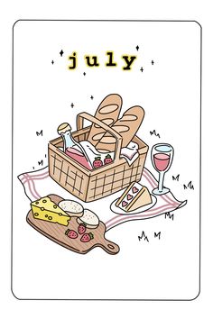 a card with some food and wine on the table in front of it that says july