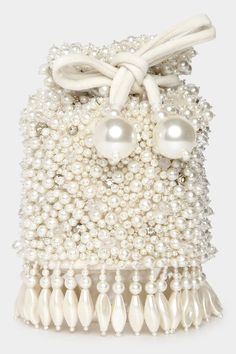 Ivory bucket bag with all over multi sized pearl and crystal embroidery. - Aza Fashions Luxury White Evening Bucket Bag, White Bucket Bag For Evening, Luxury Pearl White Bags For Events, Formal White Pouch Bucket Bag, White Formal Pouch Bucket Bag, Luxury White Bags With Pearl Handle, Luxury White Bucket Bag, White Evening Bucket Bag Pouch, Luxury Bucket Bag With Pearl Handle