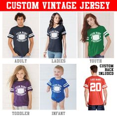 "Show your team support with this Vintage Football Fan Jersey! Customize team name or family name and number for each jersey. Great for family members of football players. Available in adult unisex jerseys, ladies' junior fit jerseys, youth jerseys, and even infant and Toddler bodysuits and jerseys! High Quality Jersey with 1 Color Vinyl team name and number on the front and Last name and number on the back... 2 Colors can be added for an additional fee of $10. CUSTOM Vintage Football Jersey wit Vintage Football Jersey, Football Team Names, Custom Football, Vintage Jerseys, Vintage Football, Team Name, Custom Jerseys, Custom Vinyl, Team Names