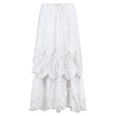 Outstanding Edwardian triple tiered skirt made entirely by hand in the early 1900s. An outwardly romantic piece, it is tailored from layer-upon-layer of breezy white mousseline cotton and trimmed with lace along the bottom hems. The short outer layer and longer second layer are detailed with pretty lace trims, raised satin stitch work, embroidered botanical patterns and a scallop hem. The gathered waistband with adjustable tie at the front means that this skirt can be worn at the waist or on the Peasant Style Ruffled Maxi Skirt, Daywear Tiered Petticoat With Ruffles, Daywear Tiered Skirt Petticoat With Ruffles, Daywear Ruffled Tiered Skirt Petticoat, Elegant Ruffled Maxi Skirt For Daywear, White Ruffled Maxi Skirt For Daywear, Peasant Style Tiered Skirt With Ruffles, Peasant Style Ruffled Tiered Skirt Bottoms, Peasant Style Tiered Skirt Bottoms With Ruffles