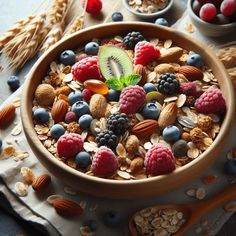 a bowl filled with fruit and nuts on top of a table