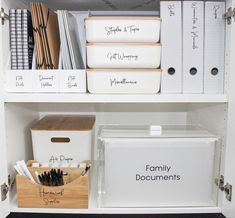 a book shelf filled with lots of books and folders next to other office supplies