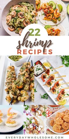 several different types of shrimp and other food items with text overlay that reads, 22 shrimp recipes