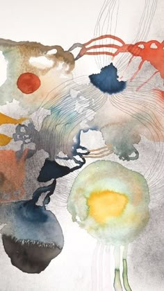 an abstract painting with watercolors and ink on paper, depicting different types of flowers