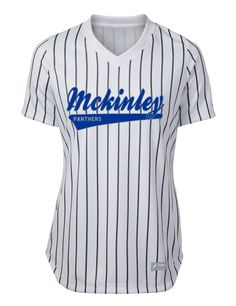 Mckinley High School Panthers Fanthread™ Women's Home Pinstripe Baseball Jersey Collegiate College Jersey With Moisture-wicking, Collegiate Moisture-wicking Jersey For College, College Jersey With Three Stripes For Baseball Season, Casual Team-colored Baseball Jersey With Three Stripes, Casual Three Stripes Baseball Jersey, Casual Striped Jersey With Three Stripes, College Team-colored Baseball Jersey With Contrast Stripes, Collegiate Team-colored Jersey With Contrast Stripes, Striped Varsity Baseball Jersey For College