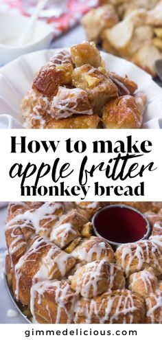 an apple cider monkey bread with icing on top and the words, how to make