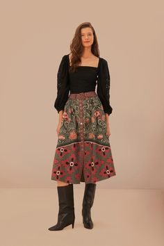 Green Floral Skirt Outfit, Floral Skirt Outfit, Floral Skirt Outfits, Green Floral Skirt, Button Midi Skirt, Delicate Embroidery, Belt Style, Green Button, Farm Rio