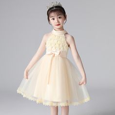 This Halter Lapel Lace Flower Girl Princess Dress is for girls. A gorgeous dress for your little princess on her special day. This dress is so adorable and can be worn for wedding parties to other occasions. Features: Halter lapel lace design. Knee-length dresses. Sleeveless design. Round neck collar. Comfortable to wear. Casual style. Fabric & Care: Made of high-quality polyester, voile, and mesh fabric. Hand wash is applicable. Do not bleach. Size Chart (inches):Please order one size bigger fo Short Princess Dress, Kids Pageant Dresses, Kids Pageant, Flower Girl Dresses Champagne, Sleeveless Flower Girl Dresses, Cheap Flower Girl Dresses, Pink Flower Girl Dresses, Kids Party Dresses, Girls Pink Dress